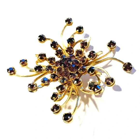 Vintage Mid Century Brooch Goldtone & Purple Amethyst Rhinestones Starburst Pin